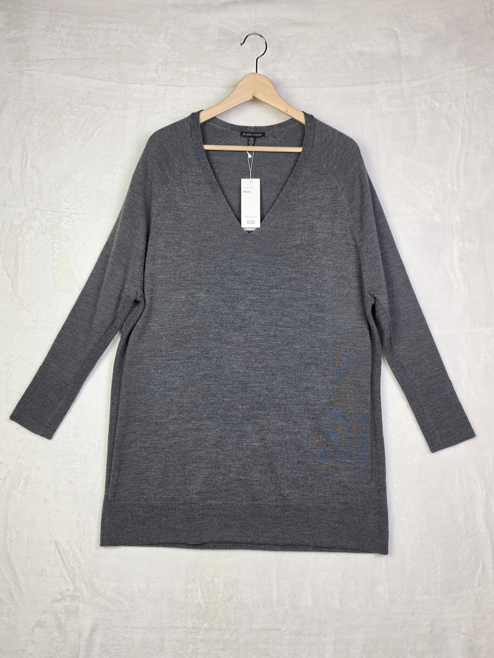 Eileen‎ Fisher Deep V Neck Tunic Womens Small Ash Gray Merino Wool NWT